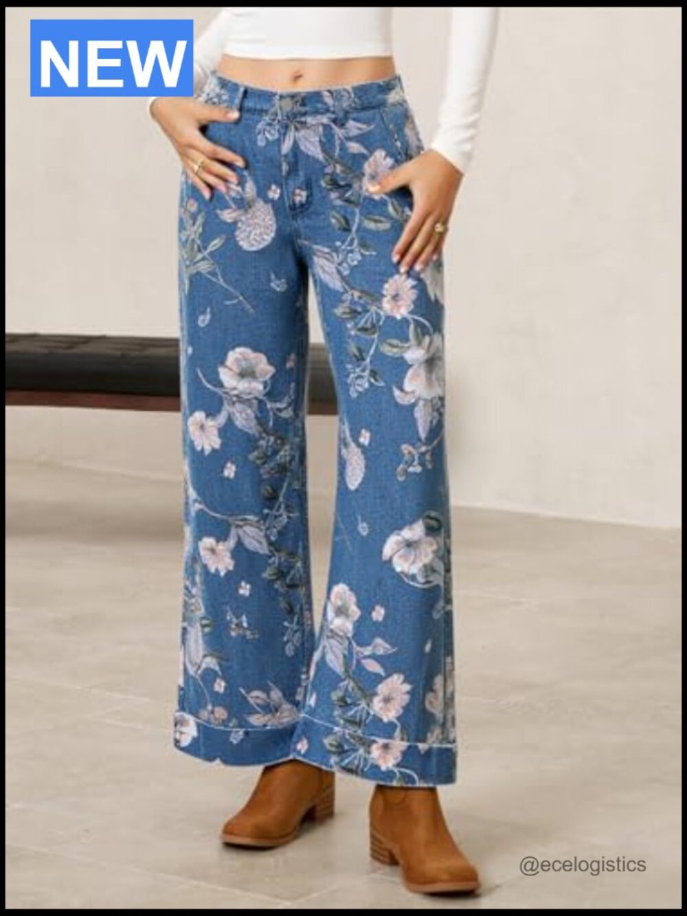 Baggy Wide Leg Jeans Floral High Waisted Boho Denim Pants - Picture 2 of 7